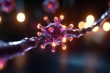 Poster - Close-up digital rendering of a purple and orange virus cell with detailed spikes attached to a dark strand with bokeh lights in the background and dark blue shadows
