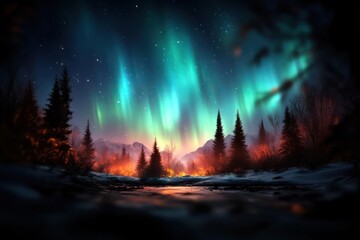 Aufkleber - A serene landscape showcasing the aurora borealis illuminating the night sky with green and blue hues, above a snow-covered forest and mountains, with a softly blurred foreground, enhancing the