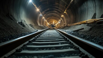Poster - A low-angle view shows railway tracks disappearing into a dark tunnel, lit by a string of warm lights. The rugged, concrete tunnel walls are textured with layers of shadow, leading the eye toward the