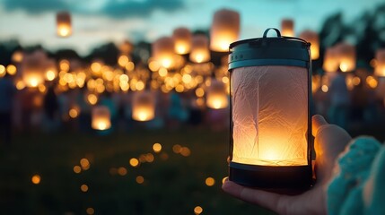 Aufkleber - Close-up of a hand holding a glowing lantern against a blurred backdrop of floating lanterns and crowd, capturing a warm, festive atmosphere under a twilight sky in an outdoor location