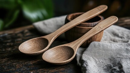 Poster - Two wooden spoons rest on a textured gray cloth atop a dark wooden surface, with a small wooden bowl and green leaves in the background, creating a rustic and natural composition