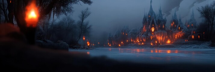 Poster - This image shows a winter landscape with a frozen lake reflecting the warm orange lights of a village or town covered in snow. The scene is shrouded in a soft fog, and the dark blue-grey sky creates