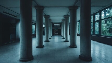 Poster - Indoor architectural photo of a row of symmetrical pillars leading down a hall. The image is bathed in a dark blue cast, with windows providing natural light on the right and leading to a brighter