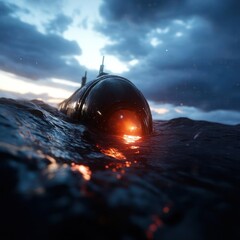 Poster - Dramatic image of a submarine partially submerged in dark, choppy water. Focus on the submarine's conning tower with its red light, against a cloudy, moody sky. Water reflects ambient light, adding