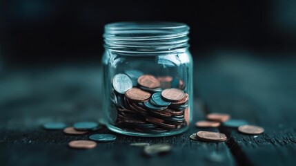 Poster - Close-up shot of a glass jar filled with coins on a wooden surface. Some coins are scattered around the jar. The overall lighting creates a moody, financial planning theme