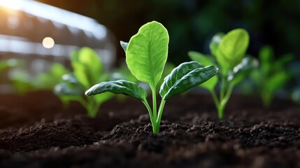 Poster - Close-up shot featuring vibrant green seedlings emerging from dark, fertile soil, backlit by a soft golden light, with blurred green foliage in the background, creating a serene and hopeful