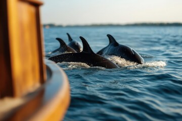 Poster - A group of dark colored dolphins swimming in the ocean water, seen from a wooden boat on a sunny day. The scene captures the natural beauty of marine life with sunlight reflecting off the water