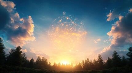 Aufkleber - A serene landscape featuring a sphere of glowing light against a vibrant sunset sky dotted with clouds. Lush greenery frames the lower portion of the image, enhancing the otherworldly glow from