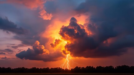 Poster - Vibrant lightning strikes illuminate the sky, with orange and yellow hues dominating the clouds and horizon, trees are silhouetted in the foreground, creating a dramatic, nature scene showcasing the
