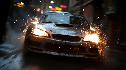 Poster - Dynamic shot of a gray car in motion with bright yellow headlights. Sparks fly around it on an urban street with blurred background. The overall image is gritty and emphasizes speed and movement