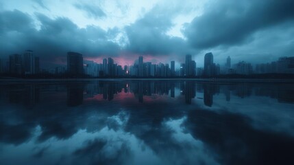 Aufkleber - A dramatic cityscape is reflected in still water beneath a cloudy twilight sky. The buildings are silhouetted against a subtle gradient of light, creating a serene yet urban landscape. The color