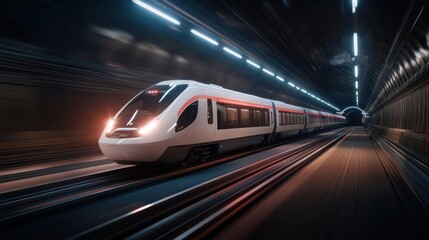 Leinwandbilder - An eye-level, medium shot captures a modern, white high-speed train speeding through a tunnel. The train's front is sleek, illuminated by its headlights, the warm interior lights glow through the