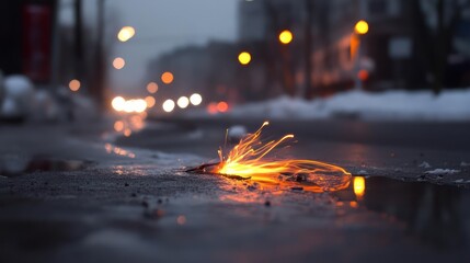 Fototapete - A mesmerizing close-up captures bright orange sparks erupting from a fissure on a wet asphalt road, reflecting the city's bokeh lights. The image features cold blue and gray tones, with a shallow