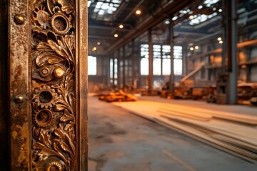 Aufkleber - Detailed shot of an ornate, rusted gold door frame with floral carvings, leading into a blurred industrial interior. The warehouse is lit by hanging lights, filled with materials and machinery