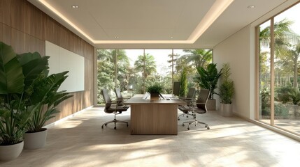 Poster - Bright office space with a light beige carpet, a light brown table, green plant in a white pot, brown chairs on wheels, large windows with a green plant and trees outside, and wood wall paneling