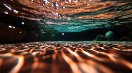 Aufkleber - Underwater scene featuring a sandy seabed with ripple patterns and rocks, turquoise water, and light beams creating a sense of depth and tranquility. Bubbles rise towards the surface, enhancing the
