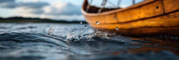 Aufkleber - Close up shot capturing water droplets splashing near a boat's wooden hull on a body of water, set against a backdrop of blurred coastline and a cloudy sky during the daytime