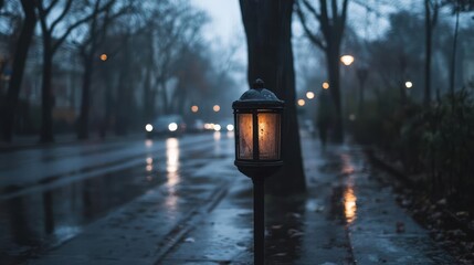 Aufkleber - A moody street scene features a vintage lamppost glowing with warm light, reflecting on the wet pavement post-rain. Bare trees line the road under an overcast sky, with distant cars adding soft
