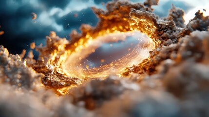 Poster - Abstract and surreal, the image presents a glowing, circular portal set within swirling clouds. The portal's edges are illuminated with warm, golden light, contrasting with the cool tones of the