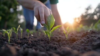 Poster - Close up shot of a person’s hand carefully tending to young green plants in freshly tilled dark soil, bathed in the warm glow of the setting sun, creating a hopeful and serene agricultural scene