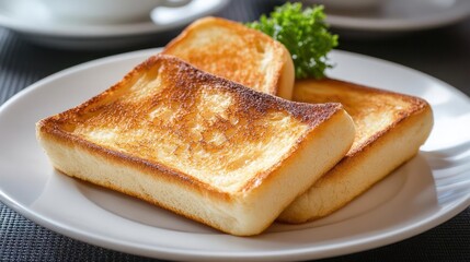 Poster - Golden brown toast slices are stacked on a white plate. A small portion of green lettuce accents the dish. The minimalist setting enhances the toasted bread, offering a warm, simple composition