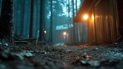 Poster - A captivating, low-angle perspective of a wet ground path leading through a dense, dark forest. Illuminated cabins in the background glow softly amidst the trees, creating a serene yet mysterious