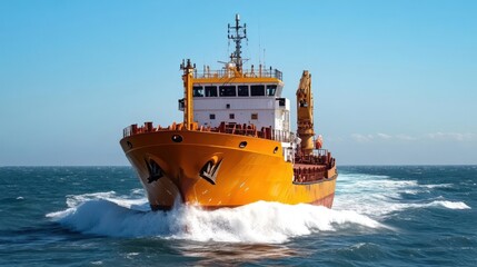 Poster - Yellow cargo ship sails on the open blue sea under clear sky. The ship is bright yellow. Sea waves surround the ship as it move forward. The sea and the sky blend with the horizon, creating a serene