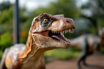 Poster - Close-up capturing a dinosaur model with its mouth open, showcasing its teeth and tongue, positioned in an outdoor park setting with blurred background elements, focusing on detailed textures and