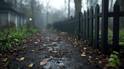 Poster - A gloomy path is lined by a black wooden fence, leading into a misty distance. The ground is covered in damp leaves and the scene evokes a sense of solitude and mystery on a cloudy day, with soft