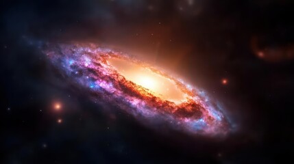 Aufkleber - A captivating view of a spiral galaxy featuring bright orange center, swirling blue and purple arms. The galactic display agains the cosmic backdrop filled with distant stars and nebulous light