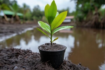 Leinwandbilder - Close-up of a sapling in a black pot on soil by water, with vibrant green leaves under natural light. The background features blurred greenery and a body of water, emphasizing environmental
