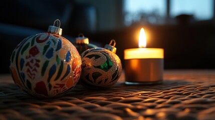 Aufkleber - Close up shot of christmas ornaments and candle on table. The candle flame glows, illuminating the colorful patterned ornaments and creating a warm, inviting atmosphere on a woven tablecloth