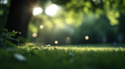 Aufkleber - Low angle shot featuring vibrant green grass and foliage bathed in warm sunlight, creating a bokeh effect, with a large tree visible in the background on a bright sunny day