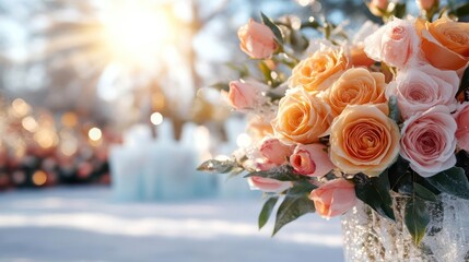 Aufkleber - Close-up of a glass vase filled with beautiful pink and orange roses. The background is softly blurred with snow, creating a serene, sunlit atmosphere. The bouquet is the focal point, with light