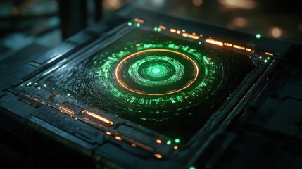 Poster - Close-up of a dark, metallic rectangular container with a glowing green and orange circular pattern on top, emitting a futuristic and high-tech atmosphere, set against a blurred dark background with