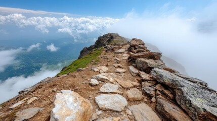 Poster - Majestic mountain ridge with rocky terrain under a partly cloudy sky. Overlooking a lush green valley partially obscured by a blanket of white clouds, creating a scenic aerial view. The ridge is