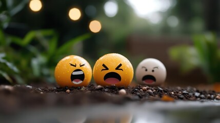 Poster - This image features three stylized emoji characters, with two showcasing expressions of anger in vibrant yellow and the third emoji character is positioned slightly behind, displaying a muted, pale