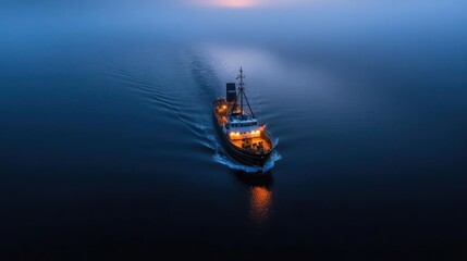 Poster - Aerial view of a dark blue ocean and a vessel sailing through. The vessel is white with warm interior lights, leaving a wake behind as it moves forward and reflecting light off the water surface