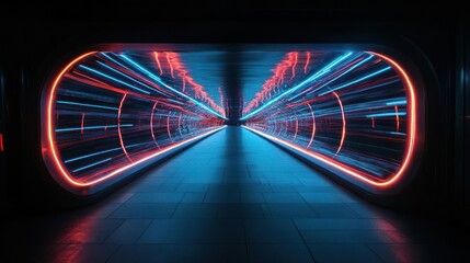 Poster - A captivating perspective through a futuristic corridor, bathed in contrasting neon hues of red and blue, with a smooth reflective floor amplifying the sense of depth and dimensional space in the