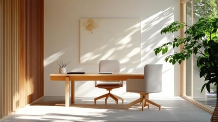 Poster - Sunlit home office interior featuring a wooden desk with two chairs, a large abstract painting, and a vibrant green plant near a window. The room has a warm, inviting atmosphere with light beige