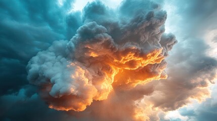Poster - Dramatic storm clouds dominate the sky, illuminated by warm orange sunlight breaking through the dark clouds. The turbulent weather creates a dynamic and awe-inspiring scene, contrasting light and