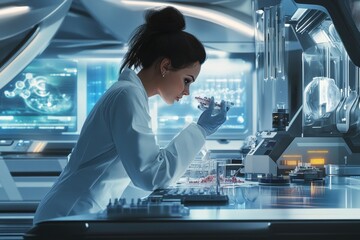 Poster - Scientist conducts research in advanced laboratory using high-tech equipment