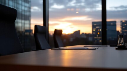 Leinwandbilder - Image displays a conference table in a boardroom with black leather chairs, illuminated by a setting sun visible through large windows. The golden sunlight casts a warm glow on the table, reflecting