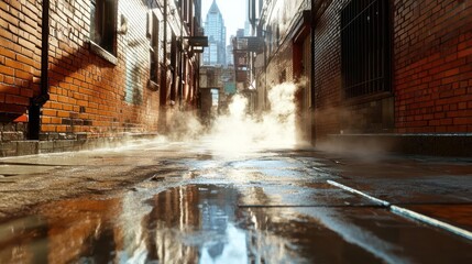 Aufkleber - A low angle shot shows an alleyway in a city on a wet day. Brick buildings line the sides, while a tall building is barely visible at the end. Steam rises from the wet pavement, reflecting light