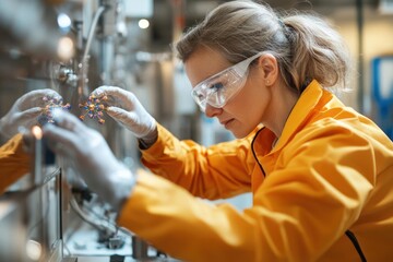 Poster - A woman wearing safety glasses and a yellow protective suit is shown in a side view, examining a model of a molecule or other complex structure in a laboratory setting. She's focused on the intricate