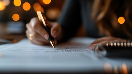 Poster - Close up view of a person's hand holding a metallic pen, writing on a white paper. Defocused light background creates a warm, inviting atmosphere, perfect for illustrating concepts like journaling