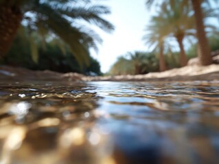 Poster - Low angle, blurry image showcases shallow water flowing through a sandy area, lined with palm trees against a bright blue sky, capturing a natural scene with warm, sunny tones and a focus on water