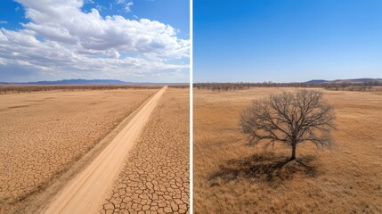 Aufkleber - Split view showcases arid land, one side featuring a dirt road under a partly cloudy sky and the other a leafless tree casting a shadow, set against a clear blue sky, conveying a remote and