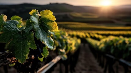 Poster - Close up of green leaves in a vineyard during sunset, rows of grape vines in the background under a warm sunlight, creating a picturesque scene of agriculture and nature
