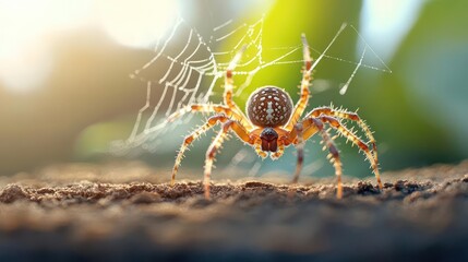 Poster - A detailed macro shot of an orange and brown spider standing on dirt with a spiderweb behind it, set against a blurred green and yellow background under bright sunlight, capturing nature and wildlife